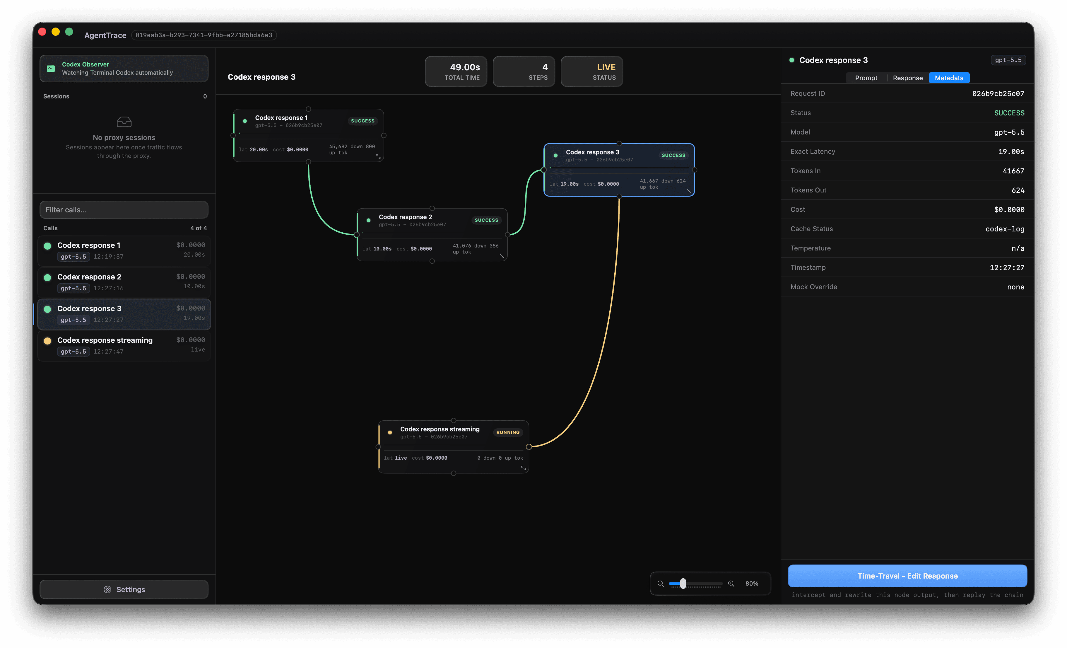 Tether showing a live AI agent trace graph with response metadata